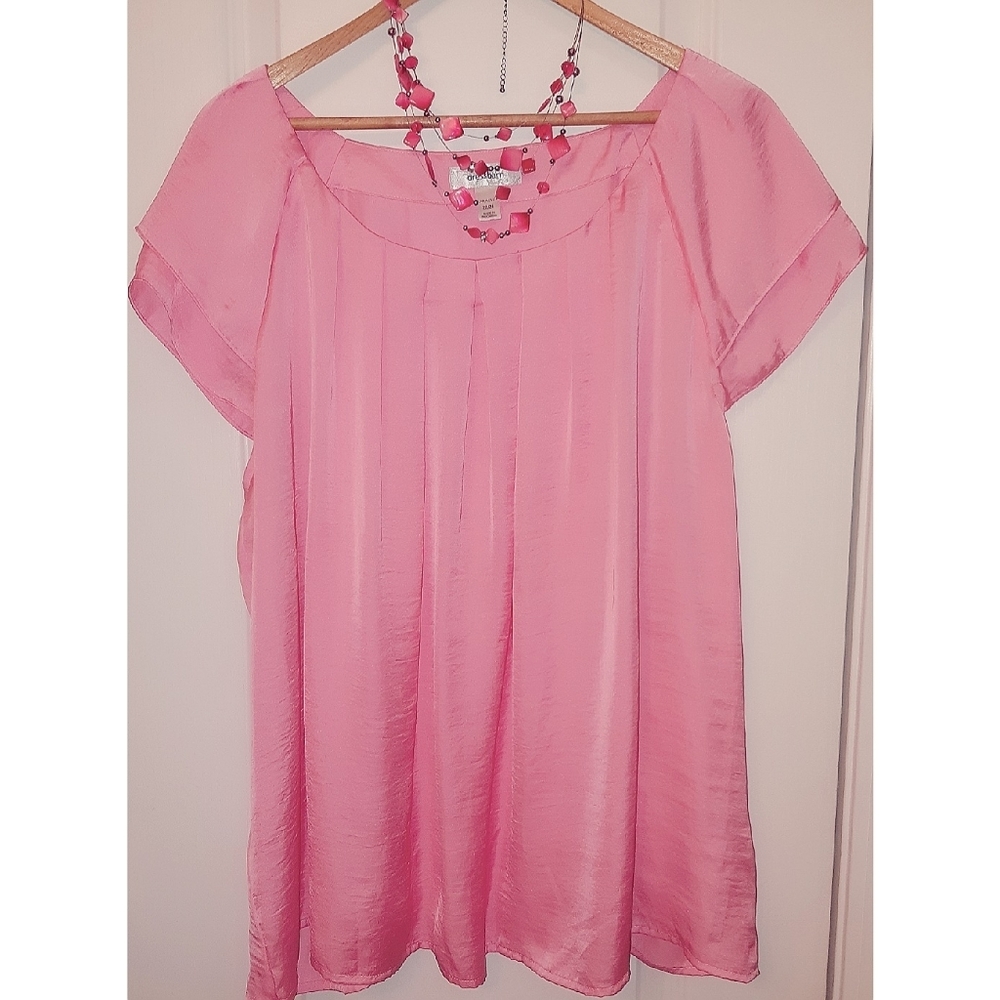 Bubble Gum Pink Silky Pleated Boatneck Blouse